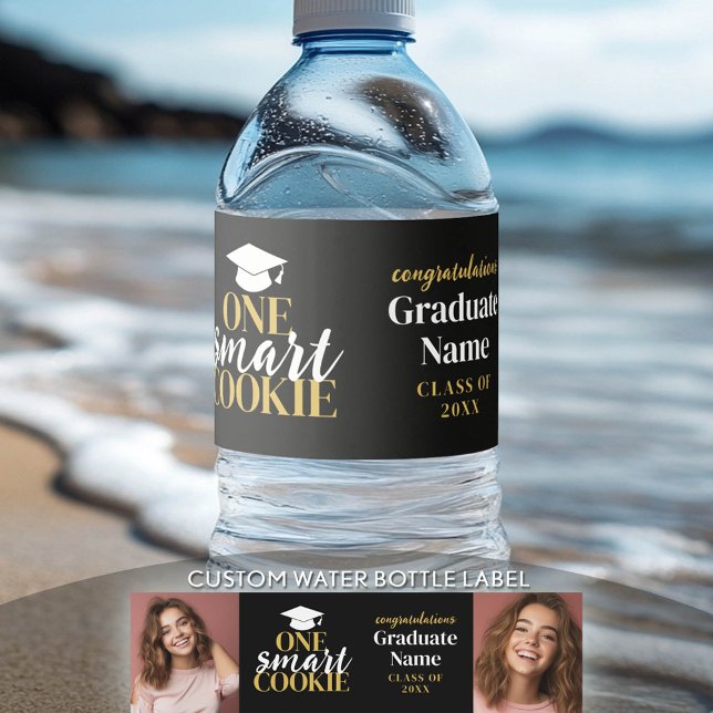 Rótulo De Garrafa De Vinho One Smart Cookie - Black Dourado - Graduação 2 Fot (Custom Graduation Water Bottle Label)