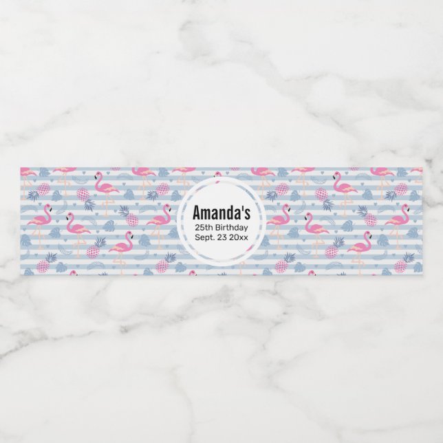 Rótulo De Garrafa De Vinho Padrão de Flamingo e Abacaxi Whimsical Aniversário (Rótulo Único)