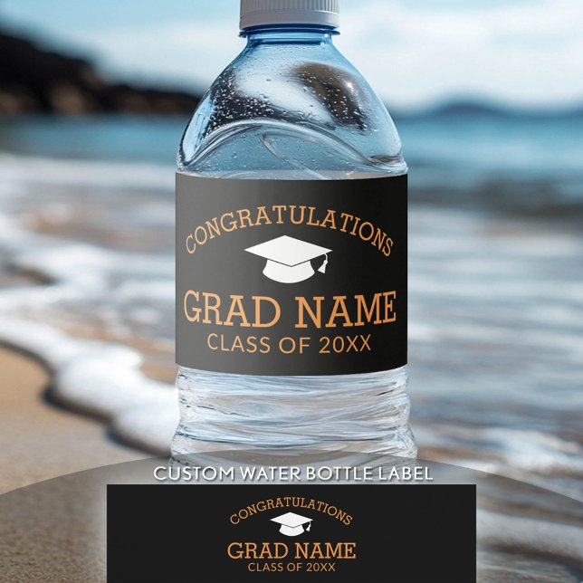Rótulo De Garrafa De Vinho Parabéns Graduação do Formando Laranja Preto (Custom Graduation Water Bottle Label)
