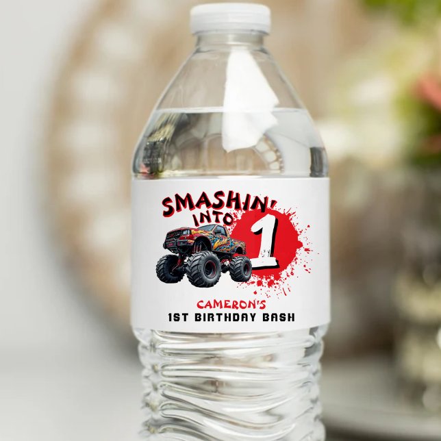 Rótulo De Garrafa De Vinho Primeiro aniversario Monster Truck Smash (Monster Truck Smash 1st Birthday Water Bottle Label
)