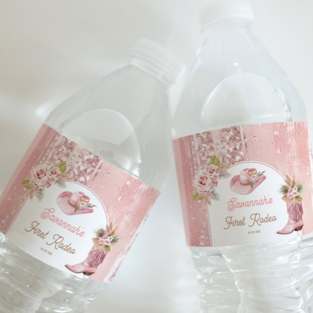 Rótulo De Garrafa De Vinho Primeiro aniversario Rosa Boho Primeiro Rodeio (Pink Boho First Rodeo 1st Birthday Water Bottle Label)