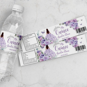 Rótulo De Garrafa De Vinho Princesa Floral Roxa Quinceañera Prata Quince