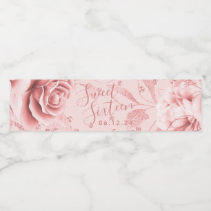 Rótulo De Garrafa De Vinho Rosa Dourado Blush 16 Glitter Confetti Floral