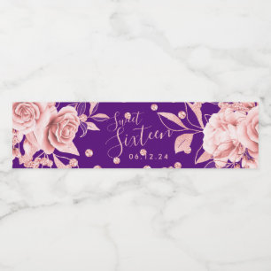 Rótulo De Garrafa De Vinho Rosa Dourado Púrpura Doce 16 Glitter Confetti Flo