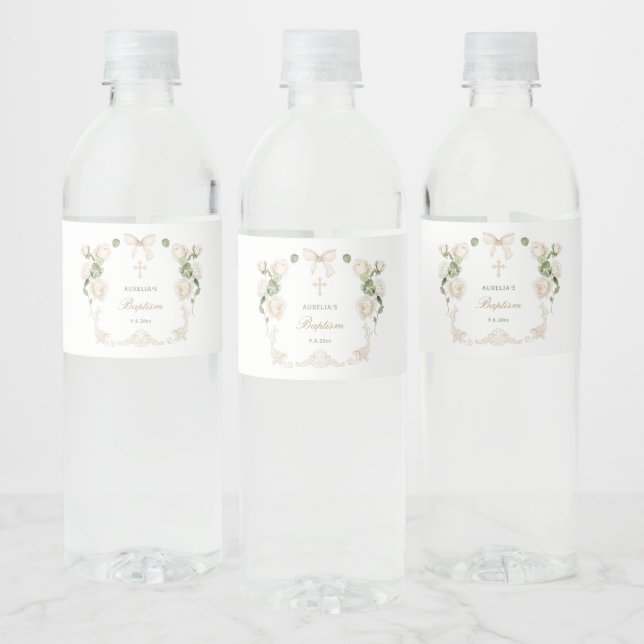 Rótulo De Garrafa De Vinho Rosas de Marfim Delicadas Enquadram Batismo (Garrafas)