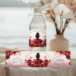 Rótulo De Garrafa De Vinho Rosas Florais Vermelho Borgonha e Dourado