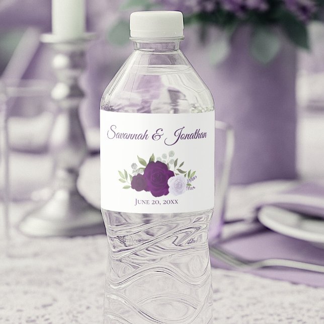 Rótulo De Garrafa De Vinho Rosas Lavanda e Roxo Rústico Casamento Elegante (Criador carregado)