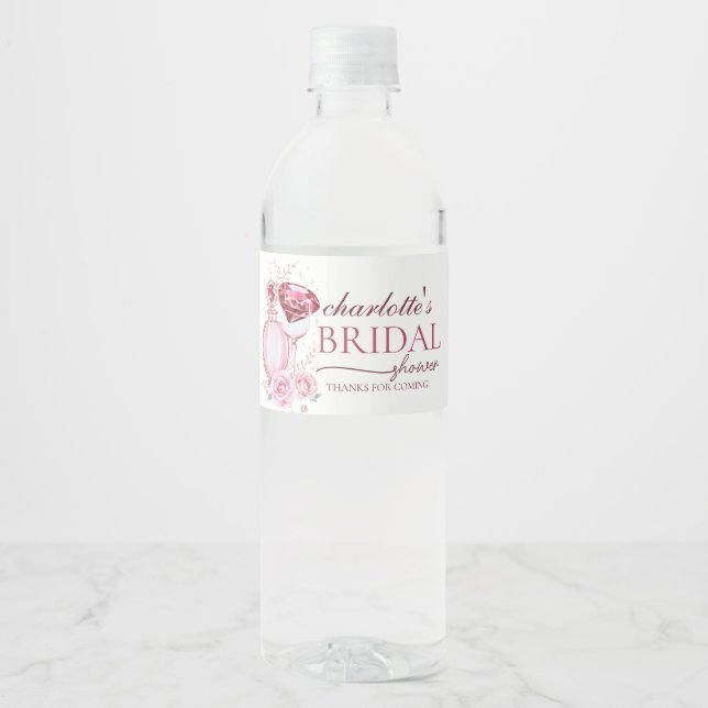 Rótulo De Garrafa De Vinho Rubis Sofisticados e Chuveiro de Noiva Rosa (Frente)
