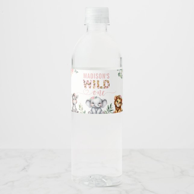 Rótulo De Garrafa De Vinho Safari Animal Selvagem Um primeiro aniversario Flo (Frente)