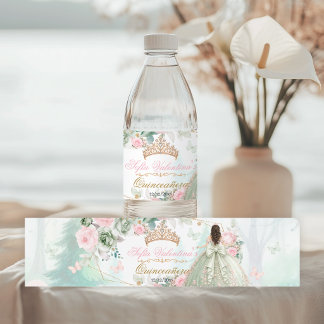 Rótulo De Garrafa De Vinho Sage Verde Rosa Corado Quinceañera Floresta Capric