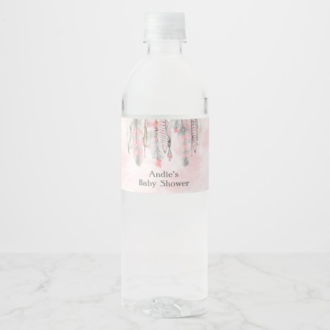 Rótulo De Garrafa De Vinho Sonhador Rosa Cinza Penas Boho (Frente)