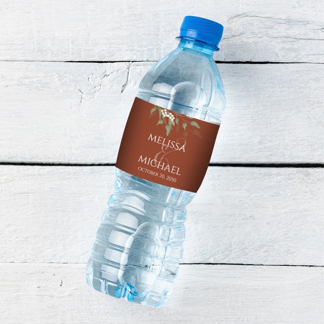 Rótulo De Garrafa De Vinho Terracotta Wedding Script Personalizado (Terracotta wedding water bottle label with stylish calligraphy ampersand.)