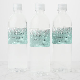 Rótulo De Garrafa De Vinho Turquesa e Prata Brilhante Glitter Sweet 16