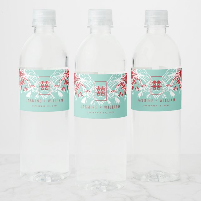 Rótulo De Garrafa De Vinho Turquoise Bamboo deixa casamento chinês duplo Xi (Garrafas)