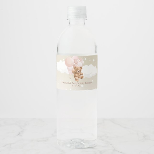 Rótulo De Garrafa De Vinho Urso de Pelúcia com Balões Rosa (Frente)
