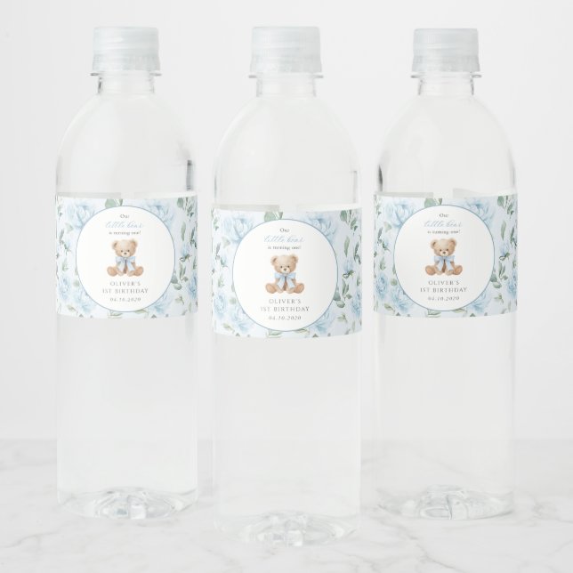 Rótulo De Garrafa De Vinho Urso de Pelúcia, Laço Azul, Flores Azuis, Primeiro (Garrafas)