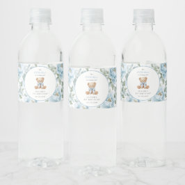 Rótulo De Garrafa De Vinho Urso de Pelúcia, Laço Azul, Flores Azuis, Primeiro