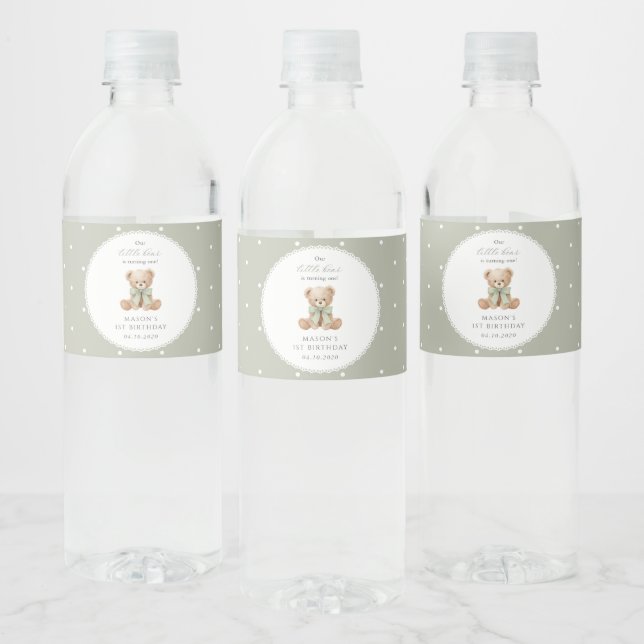 Rótulo De Garrafa De Vinho Urso de Pelúcia, Laço, Bolinhas Verdes, Primeiro A (Garrafas)