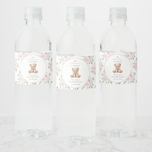Rótulo De Garrafa De Vinho Urso de Pelúcia, Laço Rosa, Flores Rosas, Primeiro