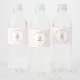 Rótulo De Garrafa De Vinho Urso de Pelúcia, Laço Rosa, Listras Rosas, Primeir