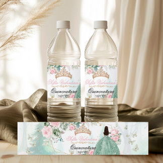 Rótulo De Garrafa De Vinho Vestido Verde Salvia Rosa Brilhante Quinceanera 15