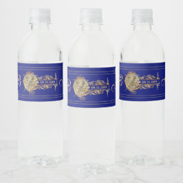 Rótulo De Garrafa De Vinho Vintage Globe Blue Monogrammed Casamento Dourado