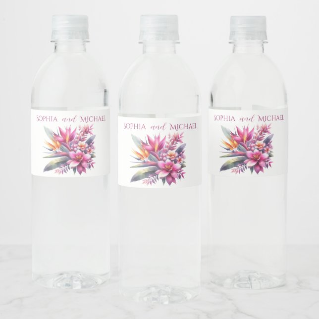 Rótulo De Garrafa De Vinho Watercolor Tropical Bliss-Wedding (Garrafas)