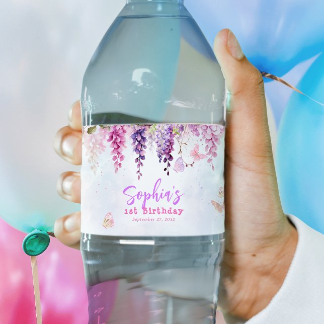 Rótulo De Garrafa De Vinho Whimsical Floral Wisteria Butterly Aniversário de  (Criador carregado)
