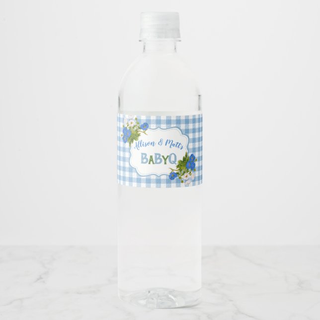 Rótulo De Garrafa De Vinho Xadrez País Flores Azuis Bebê Q Churrasco  (Frente)