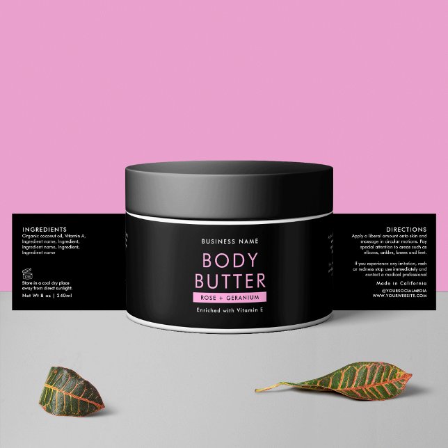 Rótulo de Jar Cosmético da Manteiga Preta e Rosa M (Modern Black and Pink Body Butter Cosmetic Jar Waterproof Product Label)