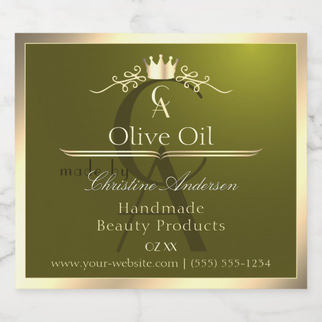 Rótulo de produto verde-oliva com monograma de qua (Rótulo Único)