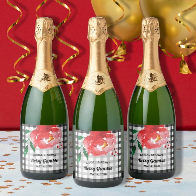 Rótulo de róseo com rosa em aquarela para garrafa  (Watercolor red rose on black and white gingham sparkling wine bottle personalized labels)