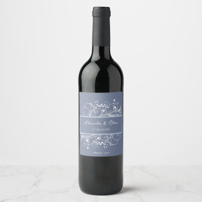 Rótulo de Vinho de Casamento Azul Dusty (Frente)