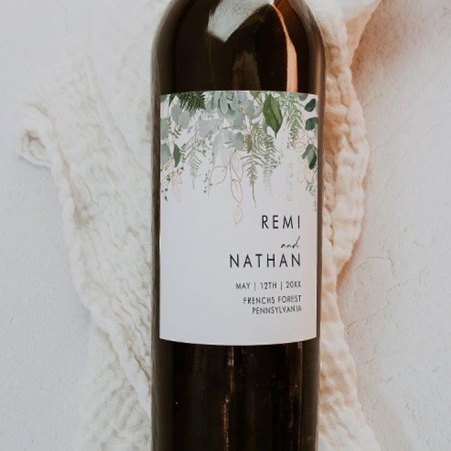 Rótulo de Vinho de Casamento de Folha Dourada e Ve (Criador carregado)