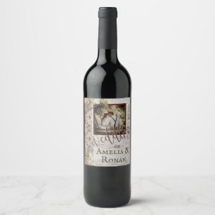 Rótulo de Vinho de Casamento de Madeira Rústica e