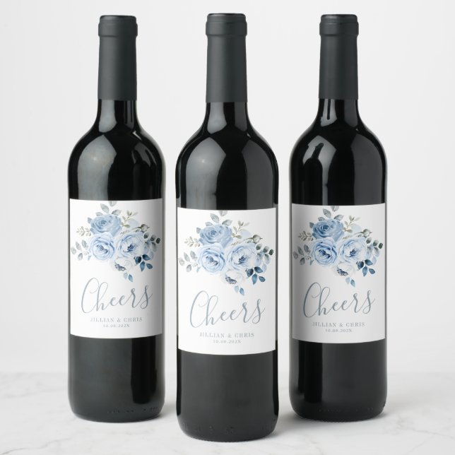 rótulo de vinho de casamento floral azul poeira em (Garrafas)