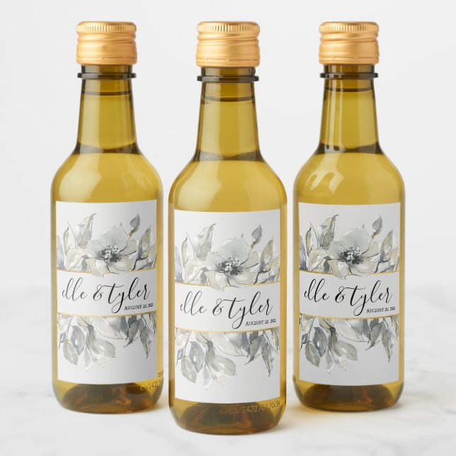 Rótulo de Vinho de Casamento Floral Cinza Boêmio (Garrafas)