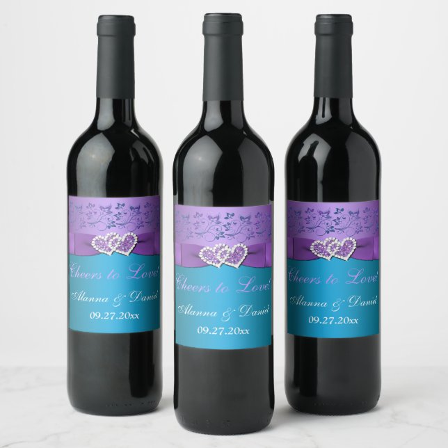 Rótulo de Vinho de Casamento Floral de Teal Roxo,  (Garrafas)