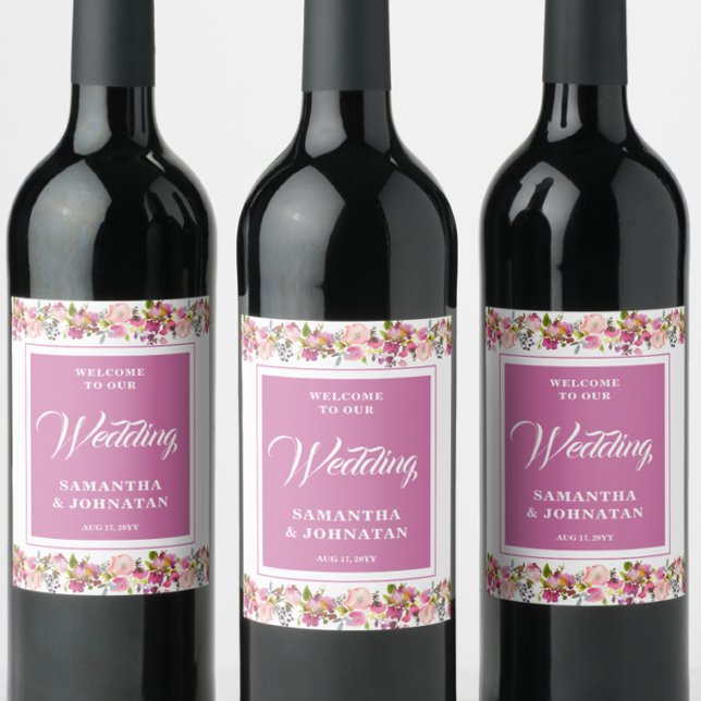 Rótulo de Vinho de Casamento Floral Rosa (Criador carregado)