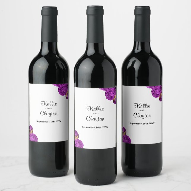Rótulo De Vinho De Casamento Floral, Roxo E Dourad (Garrafas)