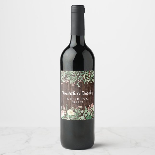Rótulo de vinho de casamento Floral Russo Wood Blu (Frente)
