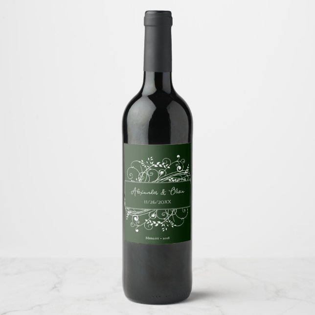 Rótulo de Vinho de Casamento Floreado Emerald Gree (Frente)