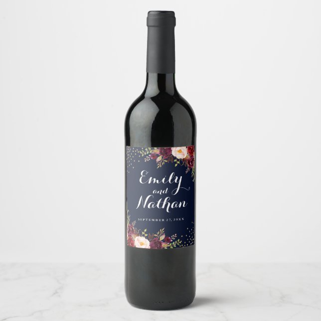 Rótulo de Vinho de Casamento outono Floral Dourado (Frente)
