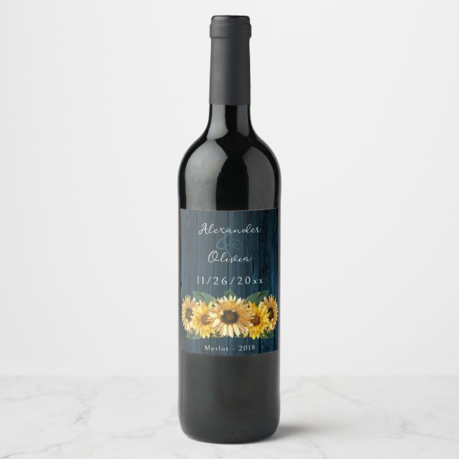 Rótulo de Vinho de Casamento Rustic Blue Sunflower (Frente)
