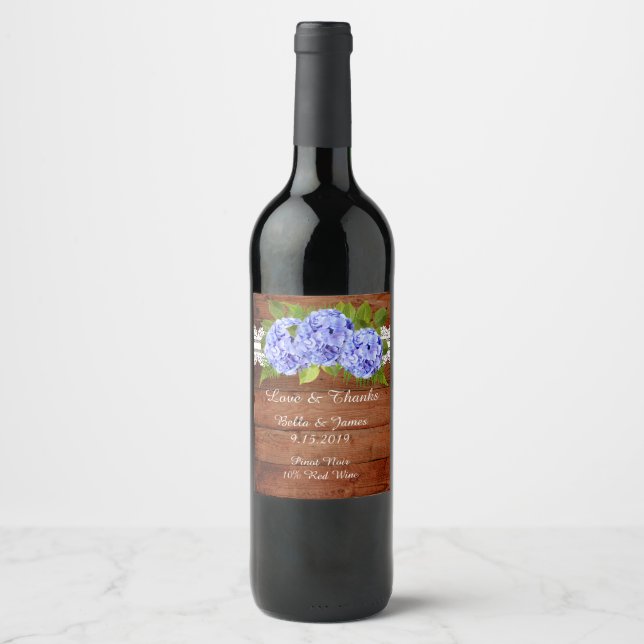 Rótulo de Vinho de Casamento Rustic Lace Blue Hydr (Frente)