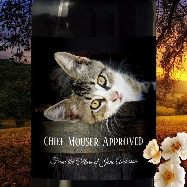 Rótulo de Vinho de Gato Engraçado de Casa (Wine label featuring a cute kitten lying on a wine barrel with your own funny texts)