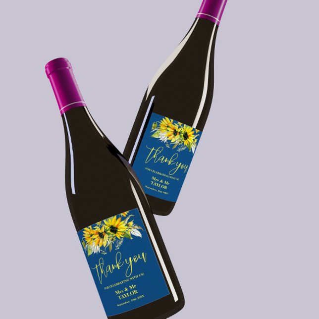 Rótulo de Vinho do Casamento de Girassol Azul (Criador carregado)