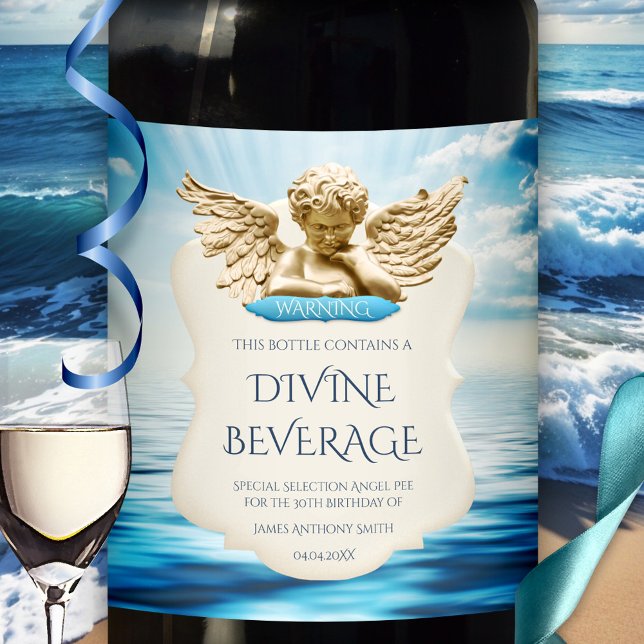 Rótulo de Vinho do Humor Angel Neerlandês Engraçad (Funny angel pee divine beverage ocean personalized wine label)