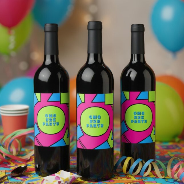 Rótulo de Vinho do Partido Y2K, Retro-Arte Pop Col (Fun and colorful wine label for your Y2K throwback party)