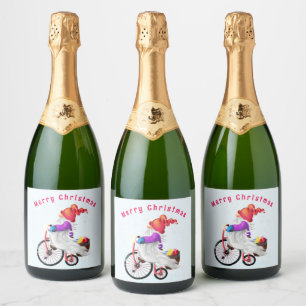 Rótulo de Vinho Espumante de Natal Gnomo com Bicic
